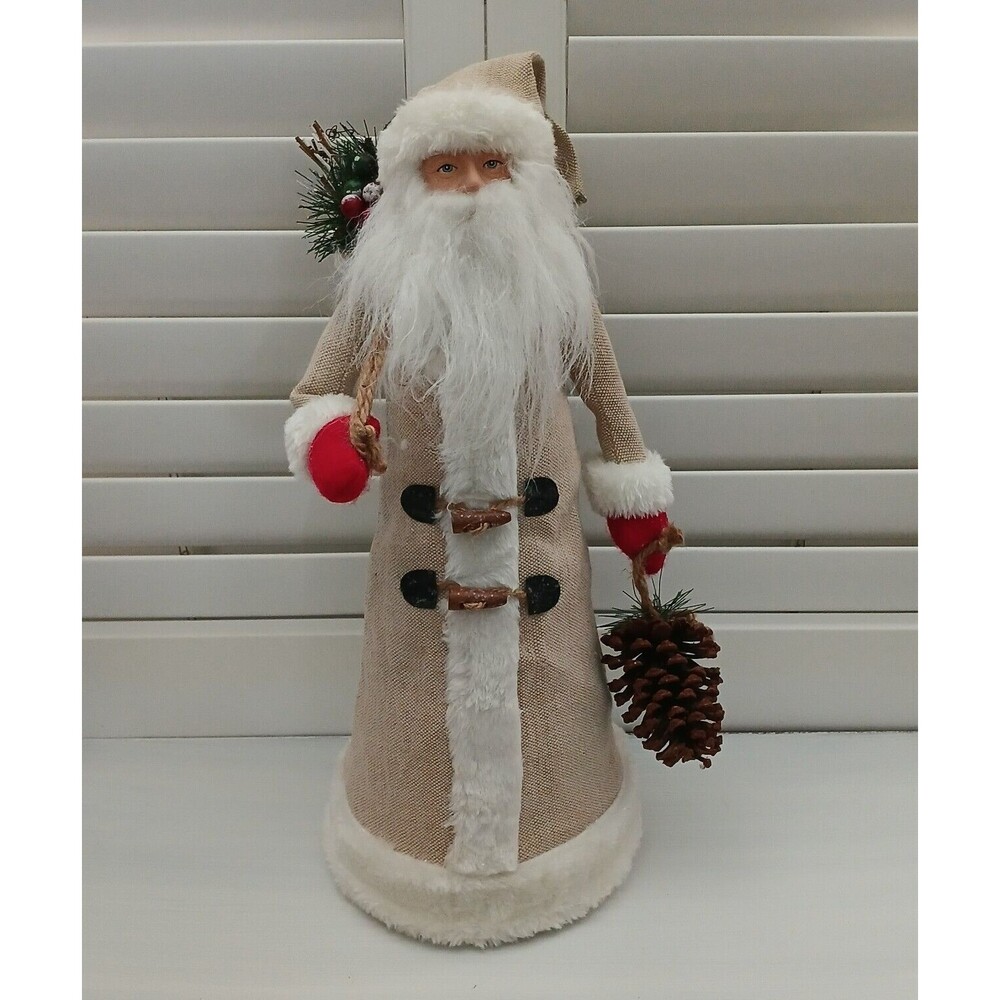 Christmas Santa Figurine Large 18" Tall Fabric Decor Holding Pinecone & Bag - Picture 2 of 13